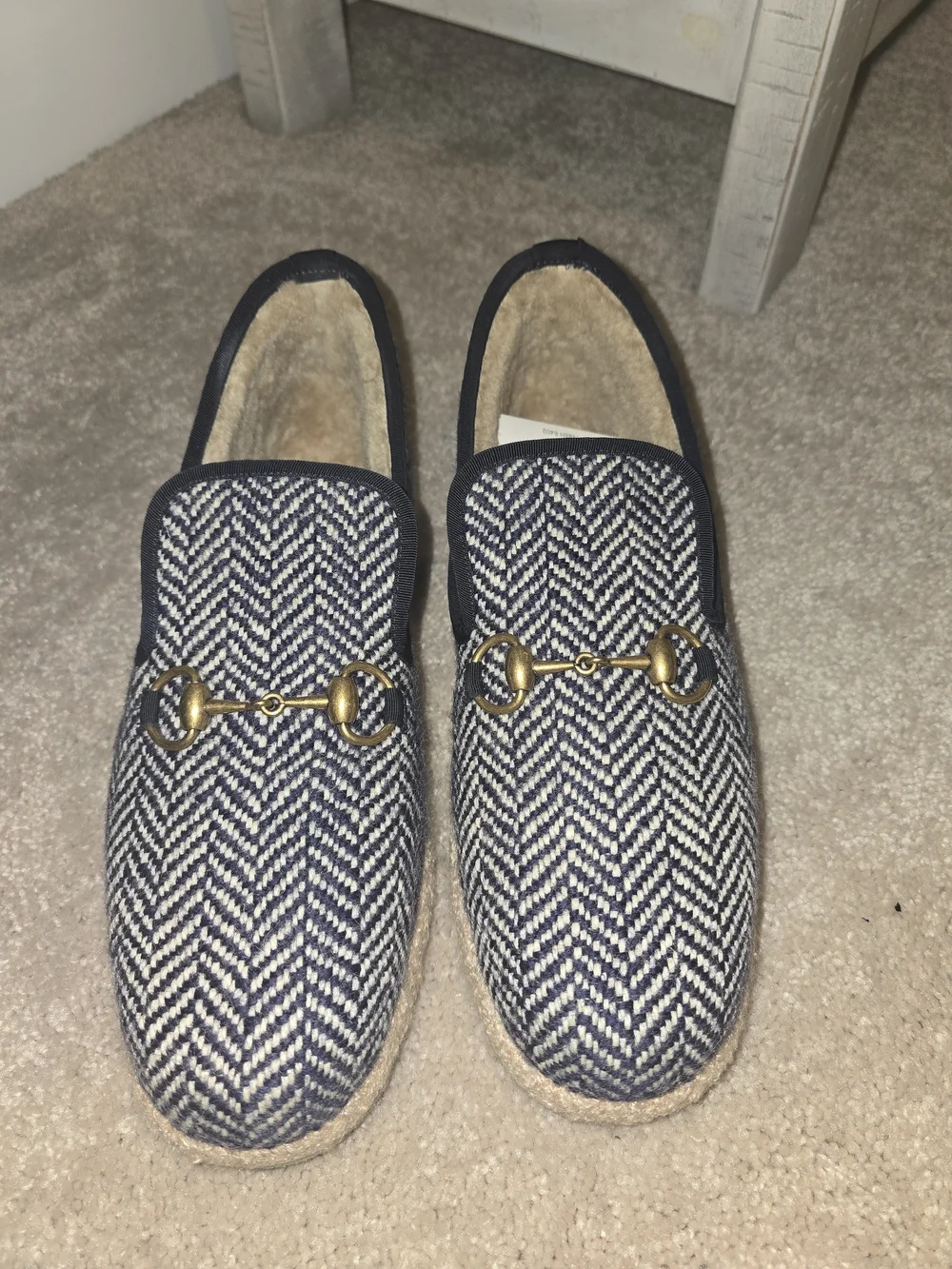 Gucci Navy & Cream Herringbone Leather-Trim Horsebit Loafers UK6